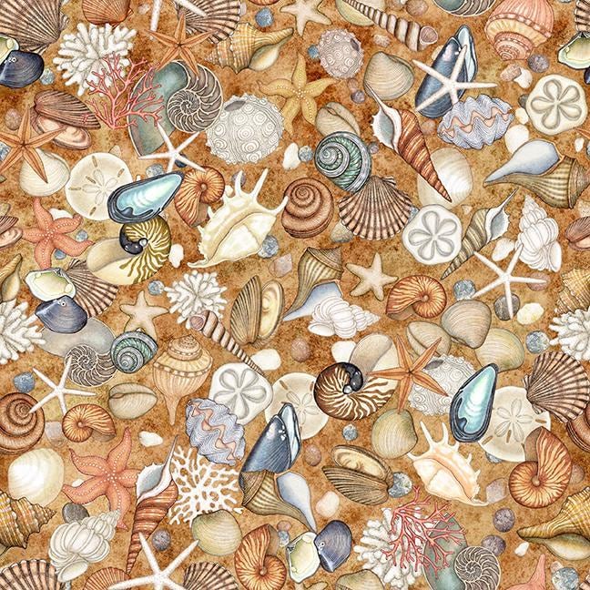 Image of Nauticus Shells Honey quilting cotton fabric by Morris Creative Group for QT Fabrics. Features seashells on a brown background. Cute Little Fabric Shop.