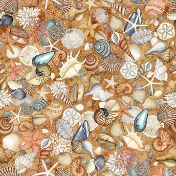Image of Nauticus Shells Honey quilting cotton fabric by Morris Creative Group for QT Fabrics. Features seashells on a brown background. Cute Little Fabric Shop.