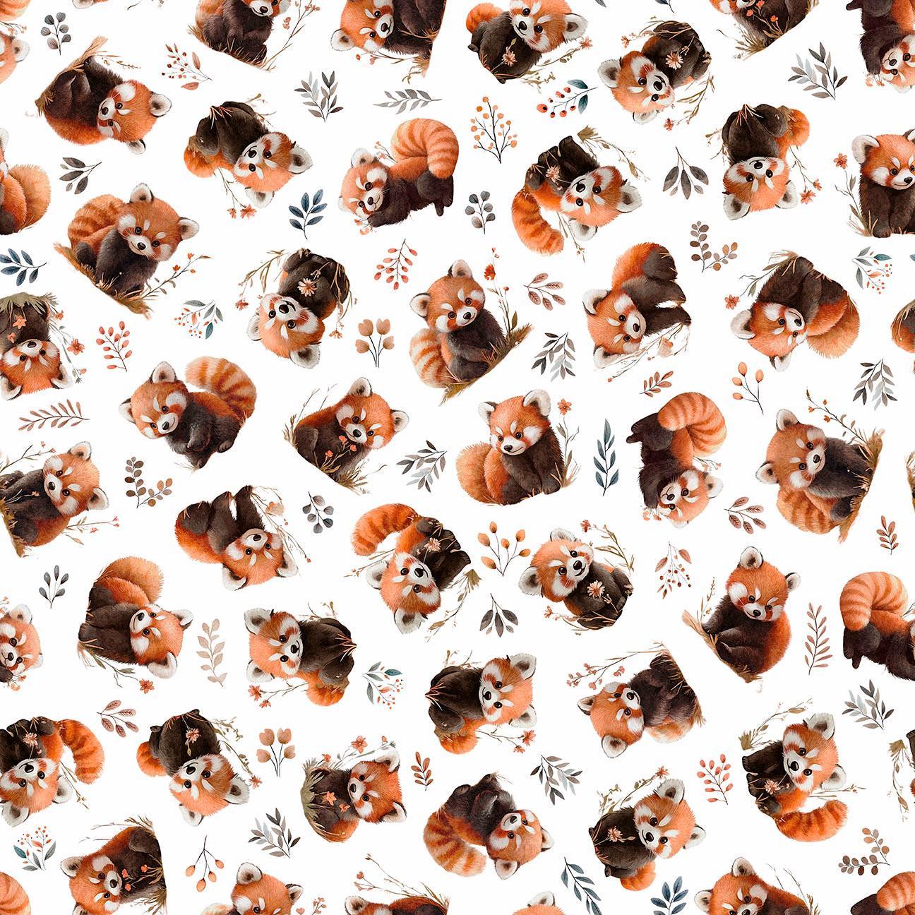 Image of Pandaland Panda Toss White quilting cotton fabric by Morris Creative Group for QT Fabrics. Features pandas on a white background. Cute Little Fabric Shop.