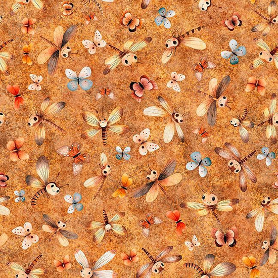 Image of Pandaland Dragonflies & Moths Cinnamon quilting cotton fabric by Morris Creative Group for QT Fabrics. Features animals on an orange background. Cute Little Fabric Shop.