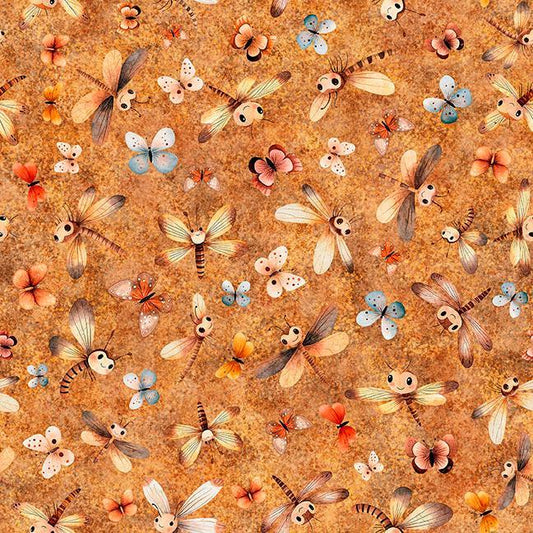 Image of Pandaland Dragonflies & Moths Cinnamon quilting cotton fabric by Morris Creative Group for QT Fabrics. Features animals on an orange background. Cute Little Fabric Shop.
