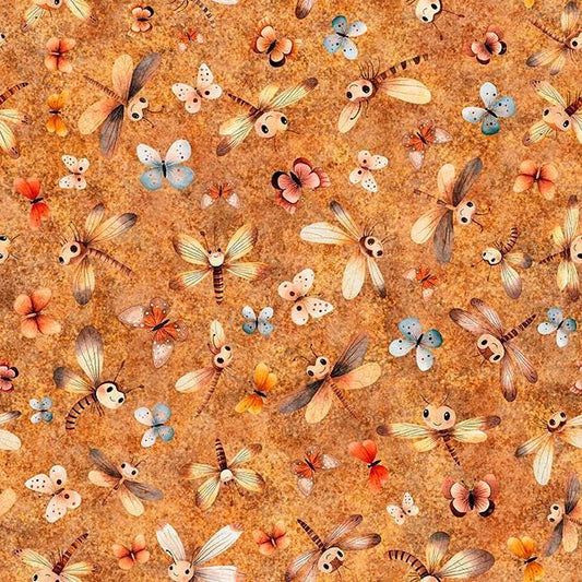 Image of Pandaland Dragonflies & Moths Cinnamon quilting cotton fabric by Morris Creative Group for QT Fabrics. Features animals on an orange background. Cute Little Fabric Shop.
