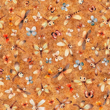 Image of Pandaland Dragonflies & Moths Cinnamon quilting cotton fabric by Morris Creative Group for QT Fabrics. Features animals on an orange background. Cute Little Fabric Shop.