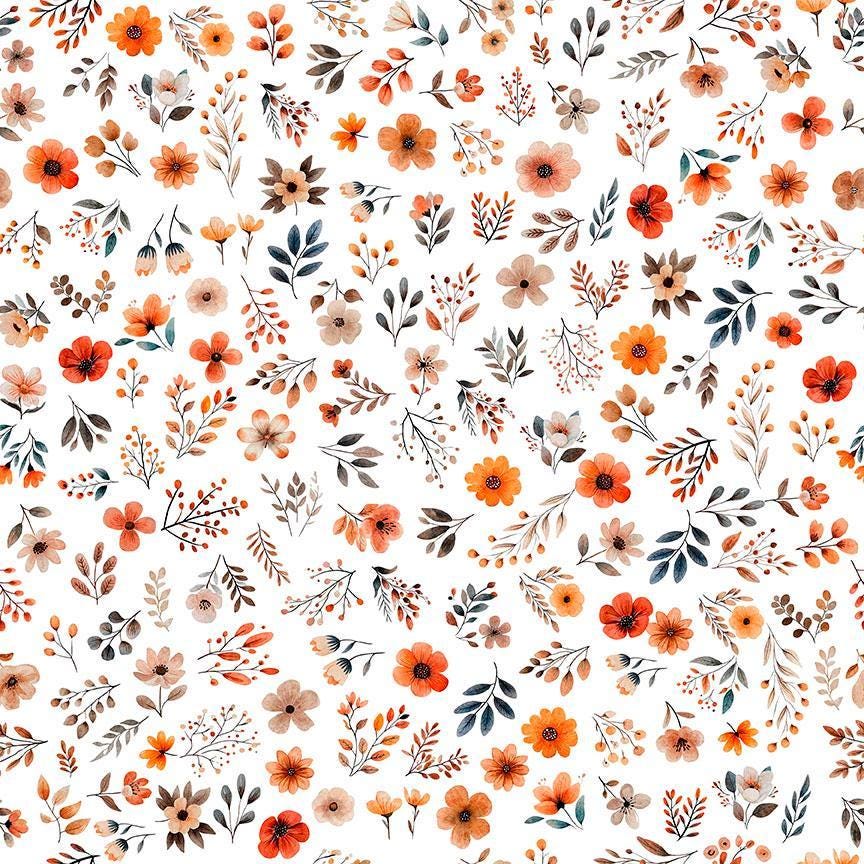 Image of Pandaland Small Floral White quilting cotton fabric by Morris Creative Group for QT Fabrics. Features flowers on a white background. Cute Little Fabric Shop.