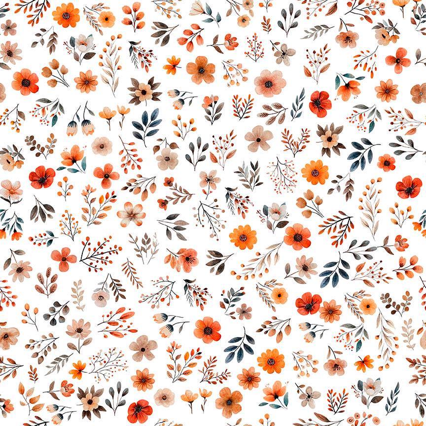 Image of Pandaland Small Floral White quilting cotton fabric by Morris Creative Group for QT Fabrics. Features flowers on a white background. Cute Little Fabric Shop.