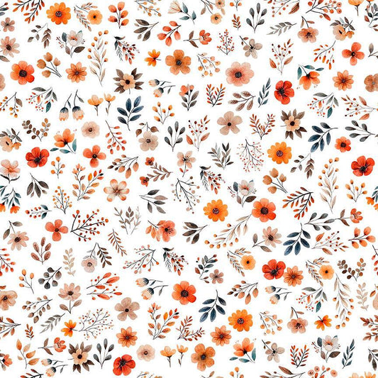 Image of Pandaland Small Floral White quilting cotton fabric by Morris Creative Group for QT Fabrics. Features flowers on a white background. Cute Little Fabric Shop.