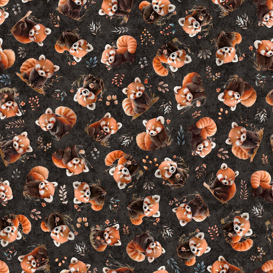 Image of Pandaland Panda Toss Charcoal quilting cotton fabric by Morris Creative Group for QT Fabrics. Features pandas on a black background. Cute Little Fabric Shop.
