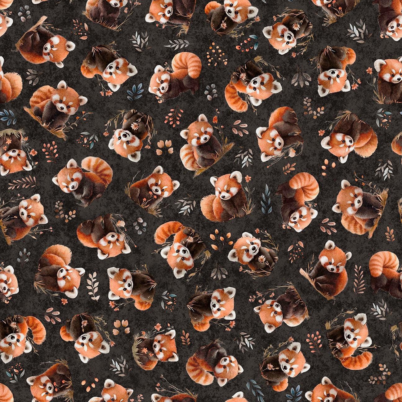 Image of Pandaland Panda Toss Charcoal quilting cotton fabric by Morris Creative Group for QT Fabrics. Features pandas on a black background. Cute Little Fabric Shop.