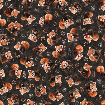 Image of Pandaland Panda Toss Charcoal quilting cotton fabric by Morris Creative Group for QT Fabrics. Features pandas on a black background. Cute Little Fabric Shop.