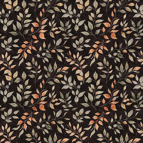 Image of Pandaland Leaf Sprigs Black quilting cotton fabric by Morris Creative Group for QT Fabrics. Features leaves on a black background. Cute Little Fabric Shop.