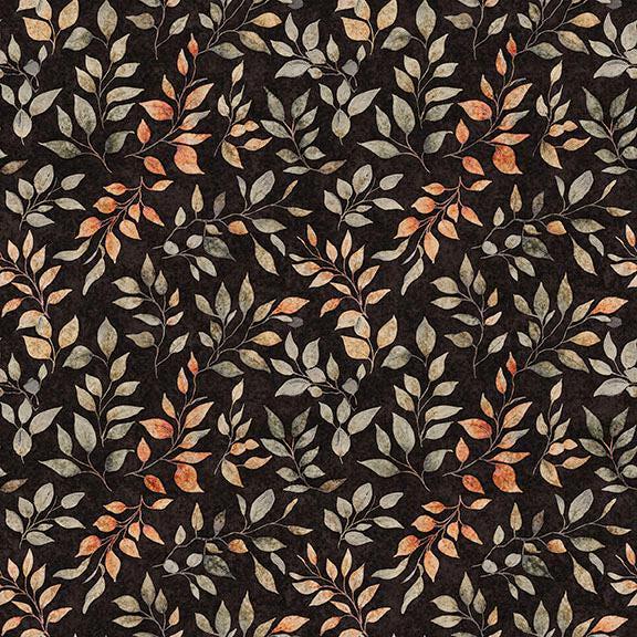 Image of Pandaland Leaf Sprigs Black quilting cotton fabric by Morris Creative Group for QT Fabrics. Features leaves on a black background. Cute Little Fabric Shop.