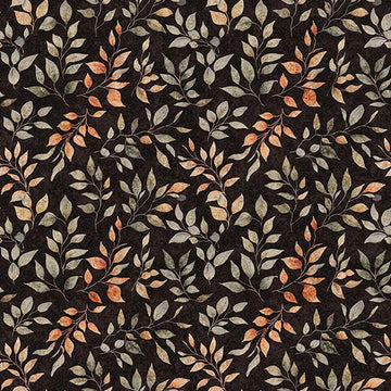 Image of Pandaland Leaf Sprigs Black quilting cotton fabric by Morris Creative Group for QT Fabrics. Features leaves on a black background. Cute Little Fabric Shop.