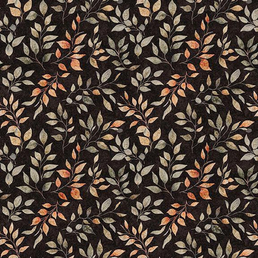 Image of Pandaland Leaf Sprigs Black quilting cotton fabric by Morris Creative Group for QT Fabrics. Features leaves on a black background. Cute Little Fabric Shop.