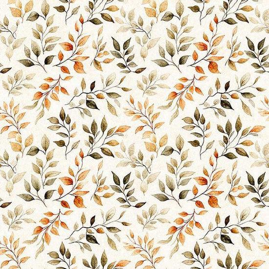 Image of Pandaland Leaf Sprigs Cream quilting cotton fabric by Morris Creative Group for QT Fabrics. Features leaves on a cream background. Cute Little Fabric Shop.