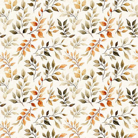 Image of Pandaland Leaf Sprigs Cream quilting cotton fabric by Morris Creative Group for QT Fabrics. Features leaves on a cream background. Cute Little Fabric Shop.