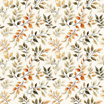 Image of Pandaland Leaf Sprigs Cream quilting cotton fabric by Morris Creative Group for QT Fabrics. Features leaves on a cream background. Cute Little Fabric Shop.