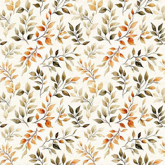 Image of Pandaland Leaf Sprigs Cream quilting cotton fabric by Morris Creative Group for QT Fabrics. Features leaves on a cream background. Cute Little Fabric Shop.