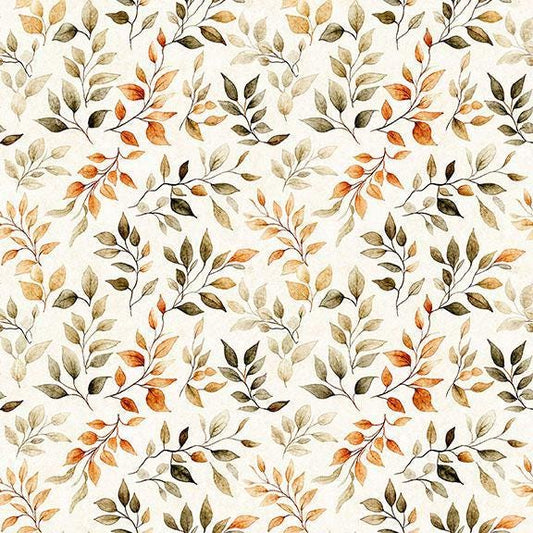 Image of Pandaland Leaf Sprigs Cream quilting cotton fabric by Morris Creative Group for QT Fabrics. Features leaves on a cream background. Cute Little Fabric Shop.