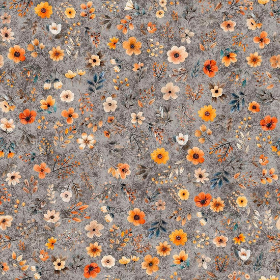 Image of Pandaland Small Floral Gray quilting cotton fabric by Morris Creative Group for QT Fabrics. Features flowers on a gray background. Cute Little Fabric Shop.