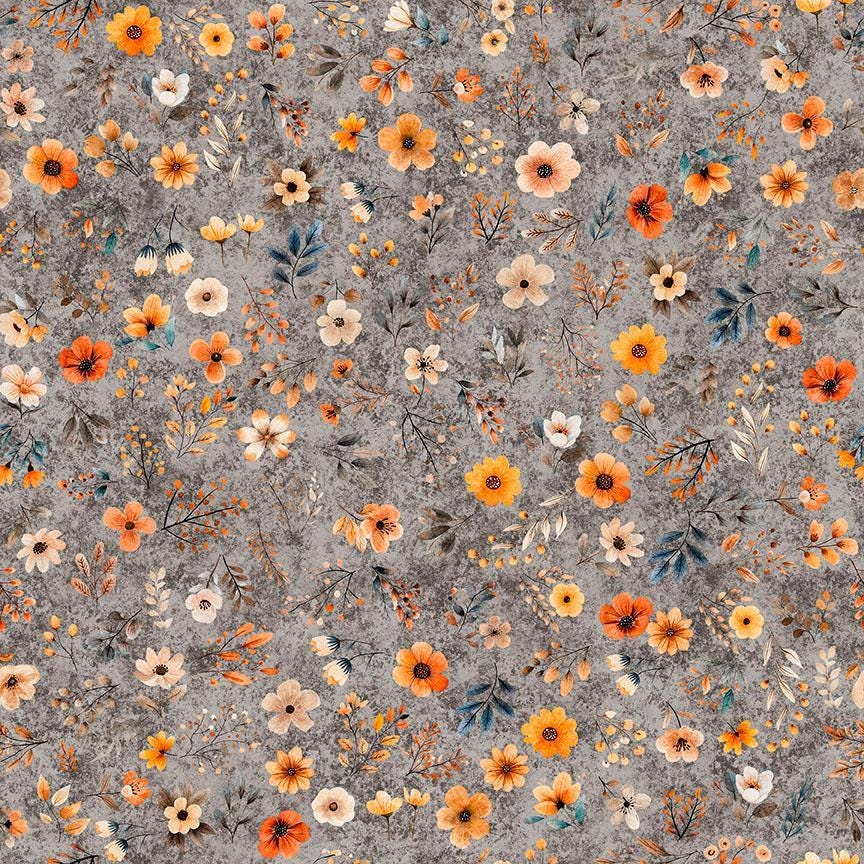 Image of Pandaland Small Floral Gray quilting cotton fabric by Morris Creative Group for QT Fabrics. Features flowers on a gray background. Cute Little Fabric Shop.