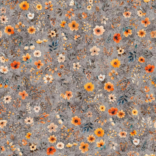 Image of Pandaland Small Floral Gray quilting cotton fabric by Morris Creative Group for QT Fabrics. Features flowers on a gray background. Cute Little Fabric Shop.