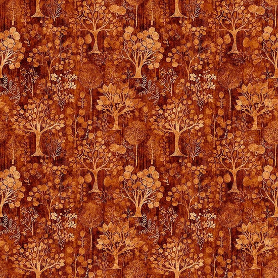 Image of Pandaland Trees Burnt Orange quilting cotton fabric by Morris Creative Group for QT Fabrics. Features trees on an orange background. Cute Little Fabric Shop.