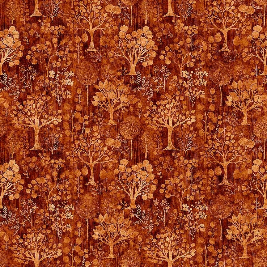 Image of Pandaland Trees Burnt Orange quilting cotton fabric by Morris Creative Group for QT Fabrics. Features trees on an orange background. Cute Little Fabric Shop.
