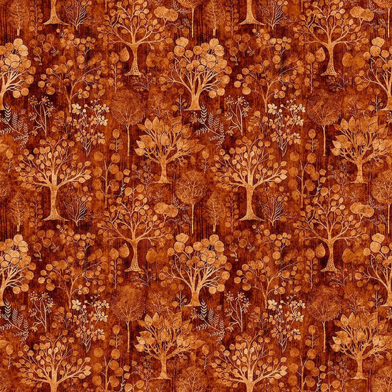 Image of Pandaland Trees Burnt Orange quilting cotton fabric by Morris Creative Group for QT Fabrics. Features trees on an orange background. Cute Little Fabric Shop.