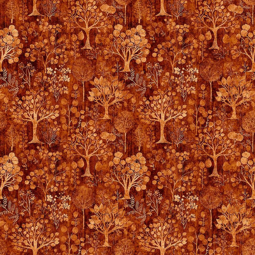 Image of Pandaland Trees Burnt Orange quilting cotton fabric by Morris Creative Group for QT Fabrics. Features trees on an orange background. Cute Little Fabric Shop.