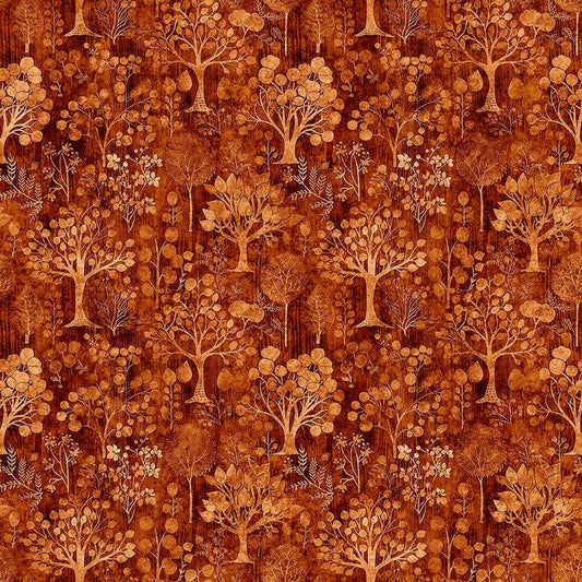 Image of Pandaland Trees Burnt Orange quilting cotton fabric by Morris Creative Group for QT Fabrics. Features trees on an orange background. Cute Little Fabric Shop.