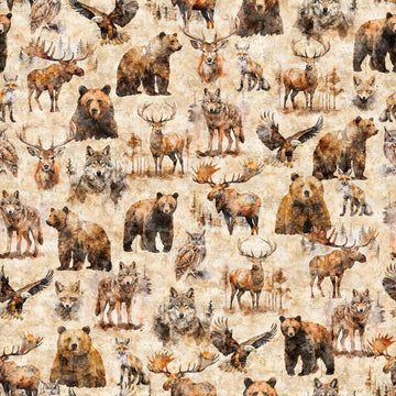 MINKY Mountain Splendor Lodge Animals Tan Cream Fabric 60" Wide - 31582 - QT Fabrics 100% Polyester Fabric