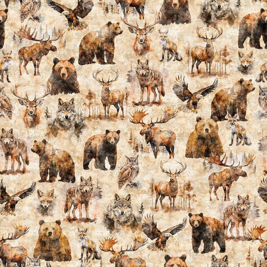 MINKY Mountain Splendor Lodge Animals Tan Cream Fabric 60" Wide - 31582 - QT Fabrics 100% Polyester Fabric