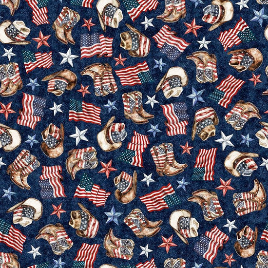 Image of American Country Cowboy Navy quilting cotton fabric by Morris Creative Group for QT Fabrics. Features patriotic icons on a blue background. Cute Little Fabric Shop.