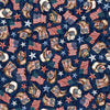 Image of American Country Cowboy Navy quilting cotton fabric by Morris Creative Group for QT Fabrics. Features patriotic icons on a blue background. Cute Little Fabric Shop.