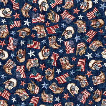 Image of American Country Cowboy Navy quilting cotton fabric by Morris Creative Group for QT Fabrics. Features patriotic icons on a blue background. Cute Little Fabric Shop.