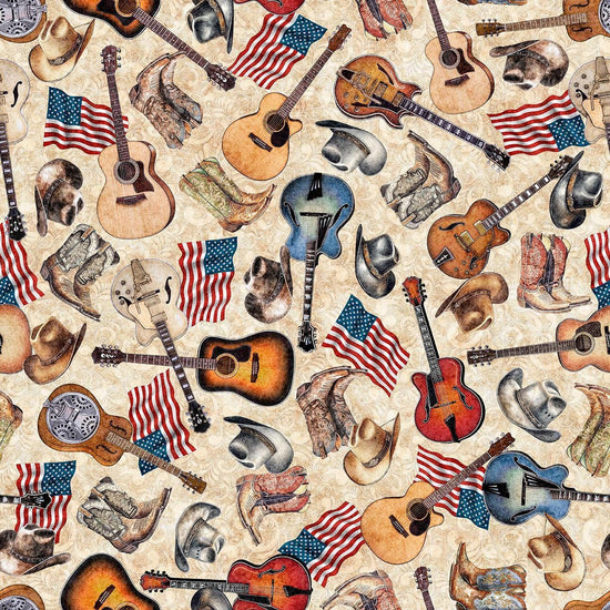 Image of American Country Guitars Tan quilting cotton fabric by Morris Creative Group for QT Fabrics. Features guitars on a cream background. Cute Little Fabric Shop.