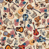 Image of American Country Guitars Tan quilting cotton fabric by Morris Creative Group for QT Fabrics. Features guitars on a cream background. Cute Little Fabric Shop.