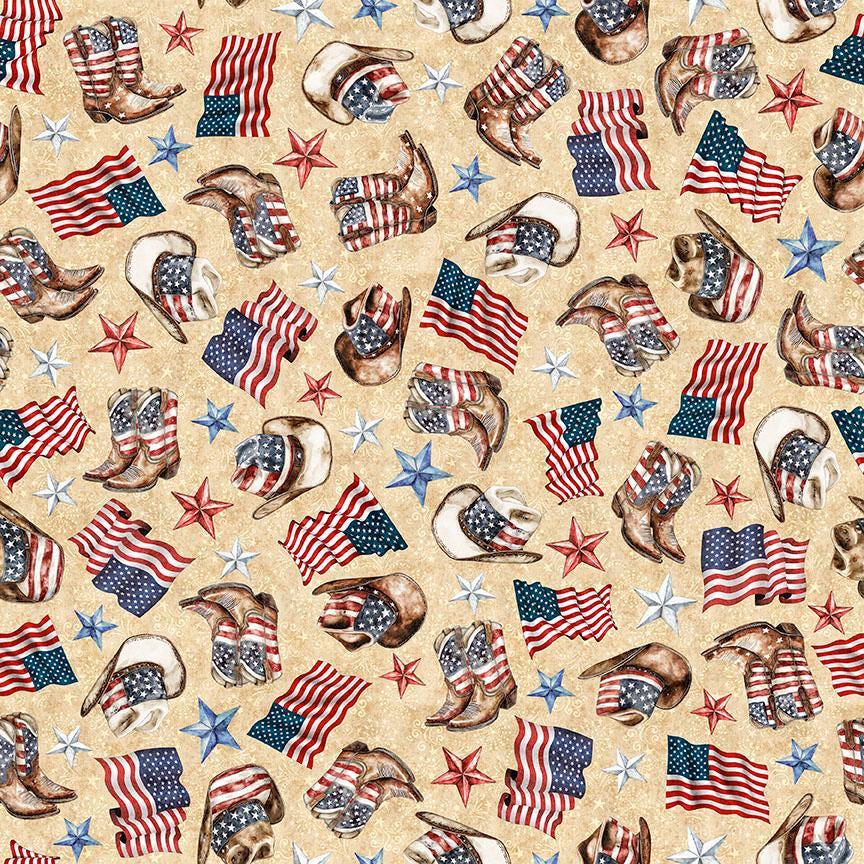 Image of American Country Cowboy Tan quilting cotton fabric by Morris Creative Group for QT Fabrics. Features patriotic icons on a cream background. Cute Little Fabric Shop.