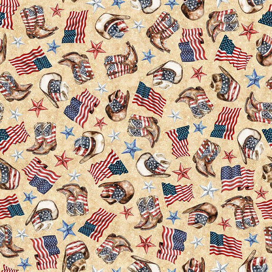 Image of American Country Cowboy Tan quilting cotton fabric by Morris Creative Group for QT Fabrics. Features patriotic icons on a cream background. Cute Little Fabric Shop.