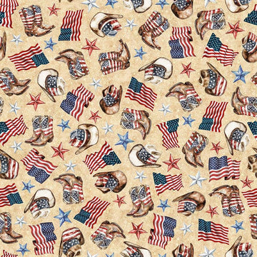 Image of American Country Cowboy Tan quilting cotton fabric by Morris Creative Group for QT Fabrics. Features patriotic icons on a cream background. Cute Little Fabric Shop.