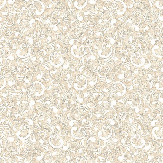 Image of American Country Scrolls Taupe quilting cotton fabric by Morris Creative Group for QT Fabrics. Features swirls on a cream background. Cute Little Fabric Shop.