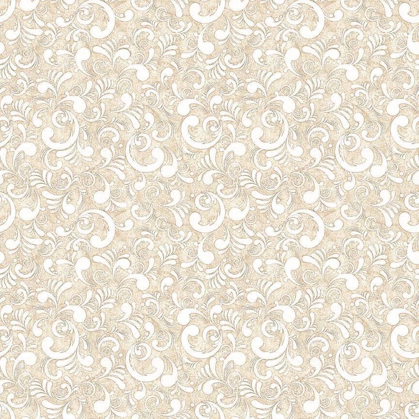 Image of American Country Scrolls Taupe quilting cotton fabric by Morris Creative Group for QT Fabrics. Features swirls on a cream background. Cute Little Fabric Shop.