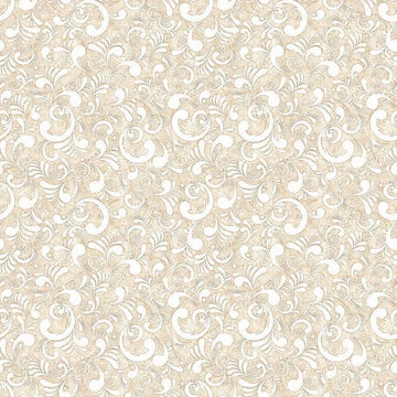 Image of American Country Scrolls Taupe quilting cotton fabric by Morris Creative Group for QT Fabrics. Features swirls on a cream background. Cute Little Fabric Shop.
