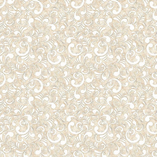 Image of American Country Scrolls Taupe quilting cotton fabric by Morris Creative Group for QT Fabrics. Features swirls on a cream background. Cute Little Fabric Shop.