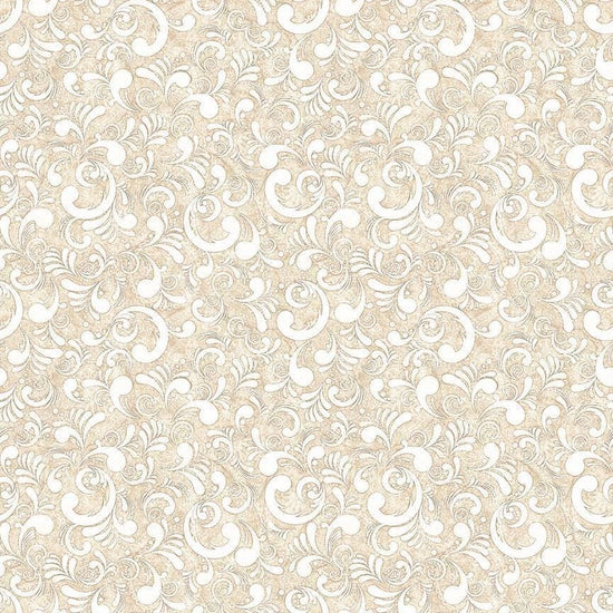 Image of American Country Scrolls Taupe quilting cotton fabric by Morris Creative Group for QT Fabrics. Features swirls on a cream background. Cute Little Fabric Shop.