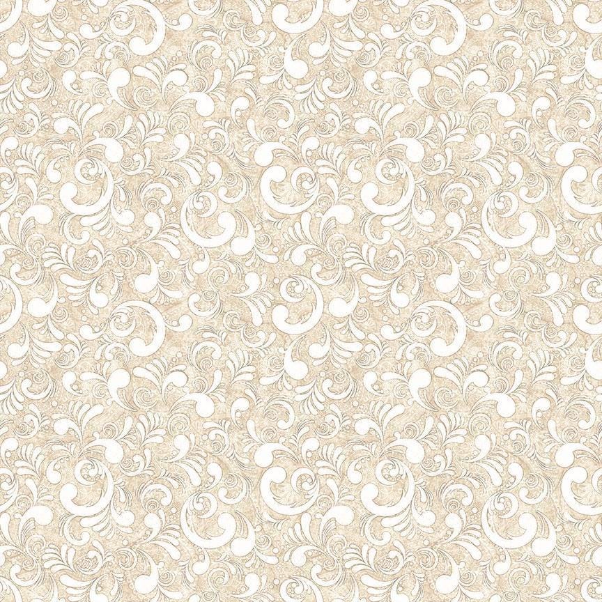 Image of American Country Scrolls Taupe quilting cotton fabric by Morris Creative Group for QT Fabrics. Features swirls on a cream background. Cute Little Fabric Shop.