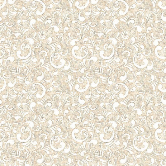 Image of American Country Scrolls Taupe quilting cotton fabric by Morris Creative Group for QT Fabrics. Features swirls on a cream background. Cute Little Fabric Shop.