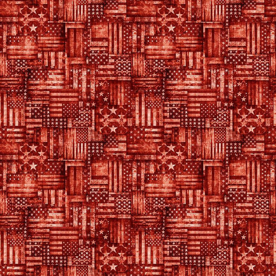 Image of American Country Flag Patchwork Red quilting cotton fabric by Morris Creative Group for QT Fabrics. Features american flags on a red background. Cute Little Fabric Shop.