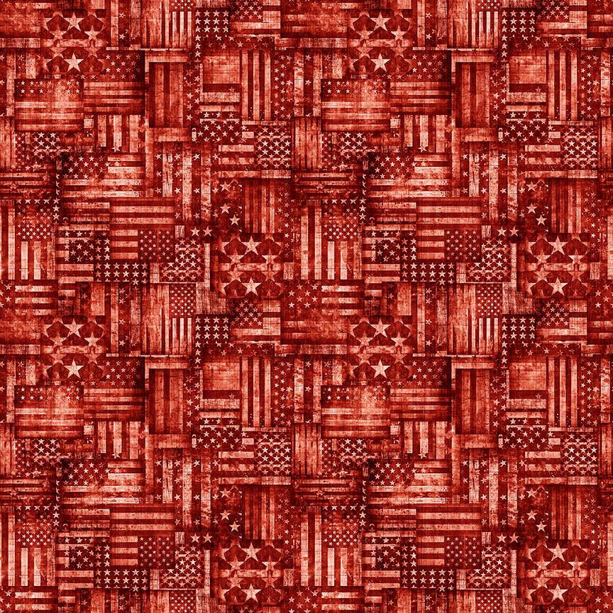 Image of American Country Flag Patchwork Red quilting cotton fabric by Morris Creative Group for QT Fabrics. Features american flags on a red background. Cute Little Fabric Shop.