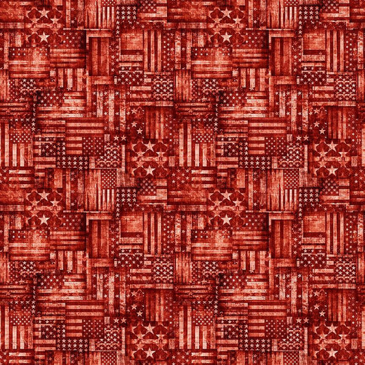 Image of American Country Flag Patchwork Red quilting cotton fabric by Morris Creative Group for QT Fabrics. Features american flags on a red background. Cute Little Fabric Shop.